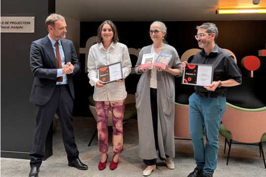 De gauche à droite : Augustin Trapenard, Adèle Yon, Delphine Ernotte Cunci, Philippe Manevy