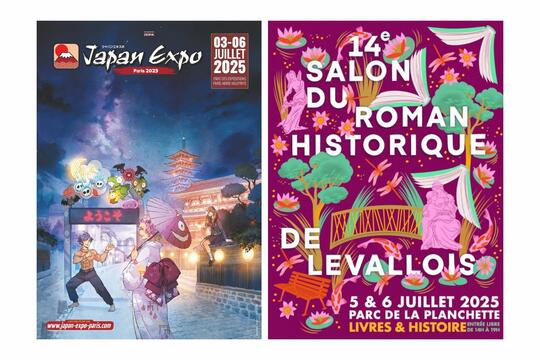 Affiche de la Japan Expo 2025 et du 14e salon du roman historique de Levallois