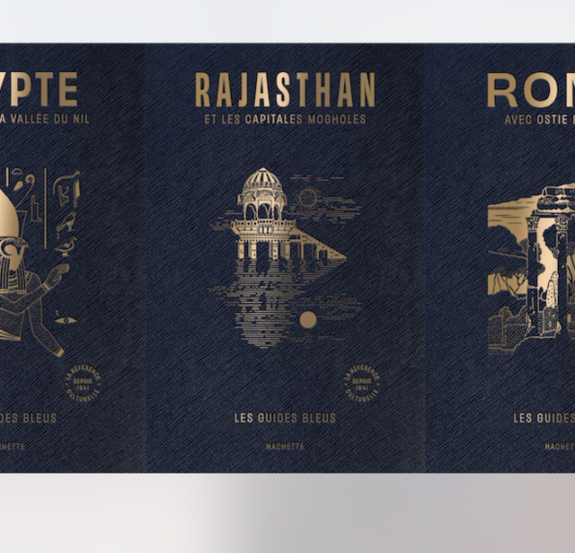 Couverture des guides Égypte, Rajasthan et Rome dans la collection « Les Guides Bleus »