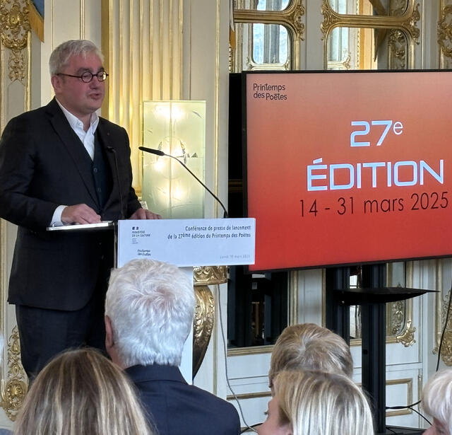 Emmanuel Hoog nouveau président du Printemps des poètes, lors de la conférence de presse au ministère de la Culture