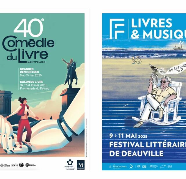 De gauche à droite les affiches du festival Comédie du Livre et du festival Littéraire de Deauville 2025