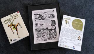 Exemple d’un «pack» empruntable : la BD Joséphine Baker de Catel, la planche acquise par La Bulle et la notice explicative.