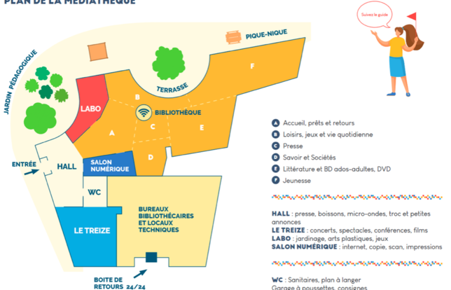 Plan de la médiathèque L'Echapée, qui ouvre ses portes ce 17 septembre 2022 à Sorinières (Loire-Atlantique).