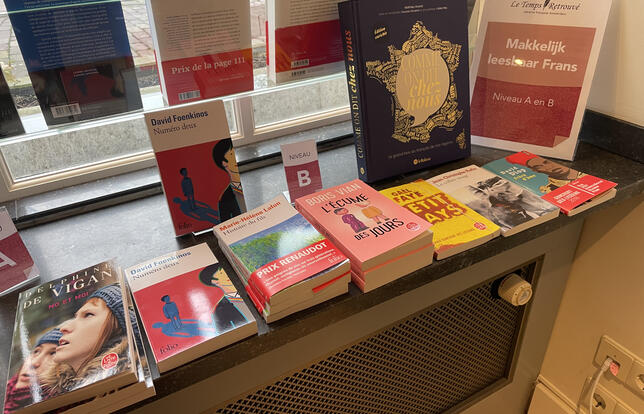 Quelques livres classés par difficulté de lecture, dans la librairie francophone d'Amsterdam du Temps retrouvé.