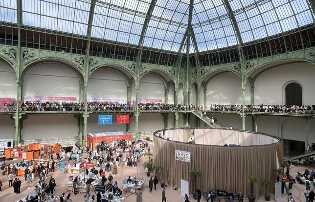 Sur les balcons du Grand Palais lors du Festival du Livre de Paris 2025, une longue file pour les dédicaces des éditions Hugo, spécialisées dans le romance.