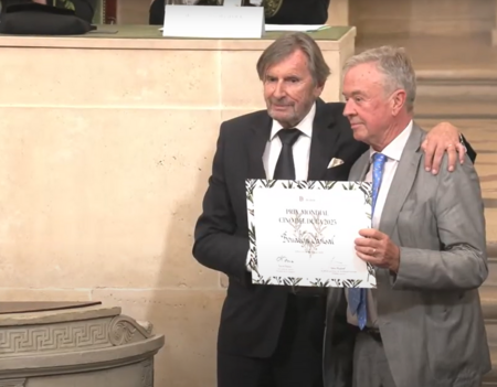 Daniel Rondeau de l'Académie Française et Antoine Gallimard le 18 juin 2025 sous la coupole