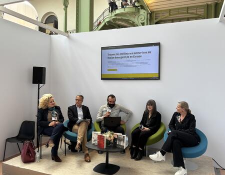 Table ronde prix de l’Union européenne Festival du livre de Paris : Aurélie Bontout-Roche, Patrice Locmant, Alexandre Mouawad, Hélène Frédérick, Katharina Loïc Van Hoof