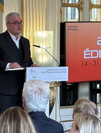 Emmanuel Hoog nouveau président du Printemps des poètes, lors de la conférence de presse au ministère de la Culture