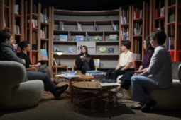 Jean Nemo (La Librairie des Écoles), Aude Sarrazin (Glénat Jeunesse), Charlotte Moundlic (Rue de Sèvres - L'École des Loisirs), Dorothy Aubert (Robert Laffont) et Aude Marzin (Librairie Plaisir de Lire) sur le plateau du webinaire jeunesse de Livres Hebdo