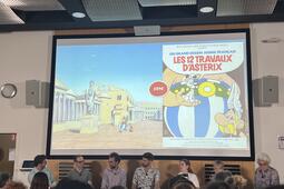 Cinquante ans d'animation réunis dans la grande salle de GOBELINS Paris pour les 50 ans des 12 Travaux d'Astérix. (De gauche à droite : le modérateur, Fabrice Joubert, Louis Clichy, Alexandre Heboyan, Anne Goscinny, Sylvie Uderzo et Kristof Serrand.)